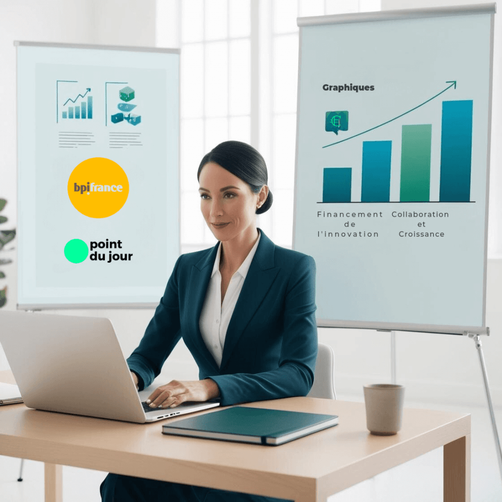 Femme d'affaires travaillant sur un ordinateur portable dans un bureau moderne avec des graphiques sur l'innovation et la finance en arrière-plan.